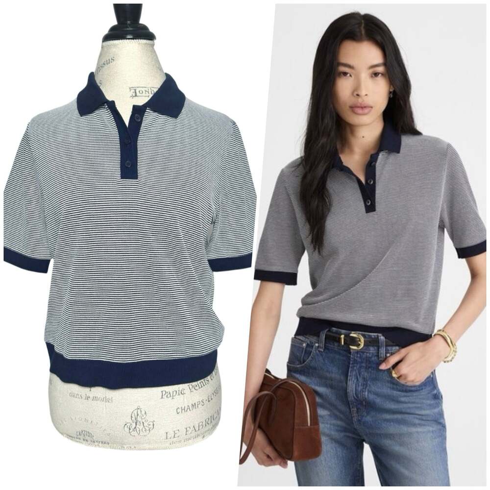 Madewell | Women | Midnight Navy Shrunken Stripe Cropped Polo Tee | Medium